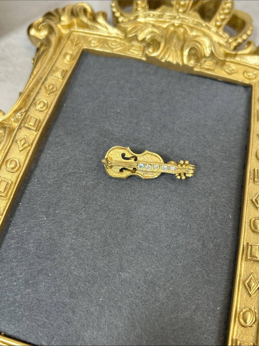 Gold Violin Brooch with Clear AB Rhinestones